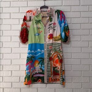 Womens Resort Print Bubble Sleeve Button Down Shirt Dress with Belt. Size M.